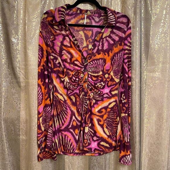 Free People Lucky Shirtee Sheer Maroon Pink Disco Night Top NWOT Small - Picture 2 of 6